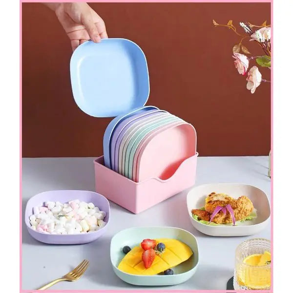 10pcs Plastic Dinner Plates Set with Holder – Reusable, Lightweight & Durable – Household Kitchen Tableware (Random Colours – Family Size) Gadget Xpres