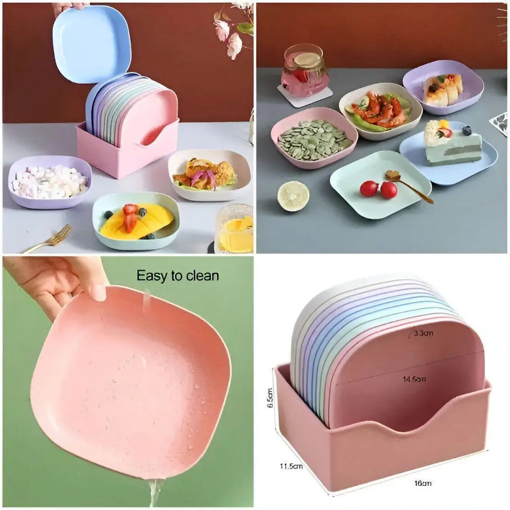10pcs Plastic Dinner Plates Set with Holder – Reusable, Lightweight & Durable – Household Kitchen Tableware (Random Colours – Family Size) Gadget Xpres