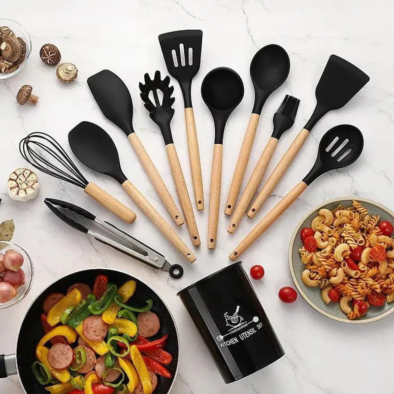 12 Pcs Silicone Kitchen Utensil Set with Wooden Handle - Heat Resistant Non-Toxic Spatula Turner Spoon Gadget Xpres