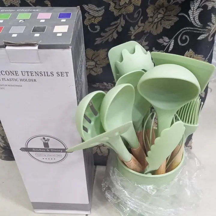 12 Pcs Silicone Kitchen Utensil Set with Wooden Handle - Heat Resistant Non-Toxic Spatula Turner Spoon Gadget Xpres