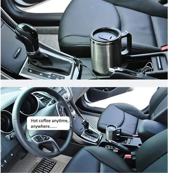 "12V 450ml Heated Travel Mug – Electric Car Coffee/Tea/Soup Cup – USB & Car Charger – Portable Warmer for Travel & Office – Best Gift (Gadget Xpres)" Gadget Xpres
