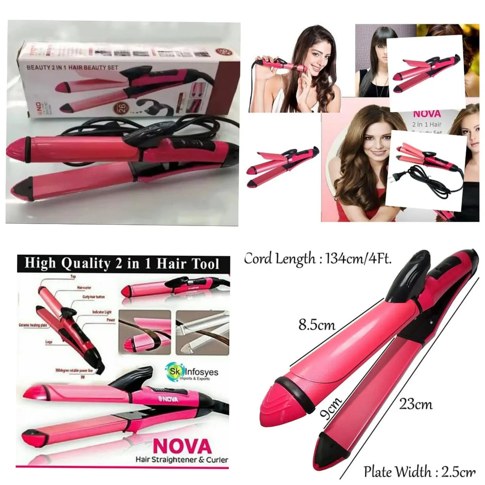 2-in-1 Nova Hair Straightener & Curler – Ceramic Plates, Fast Heating, Dual Styler for Straight & Curly Hair – Lightweight, Travel-Friendly (NH-2009)" Gadget Xpres