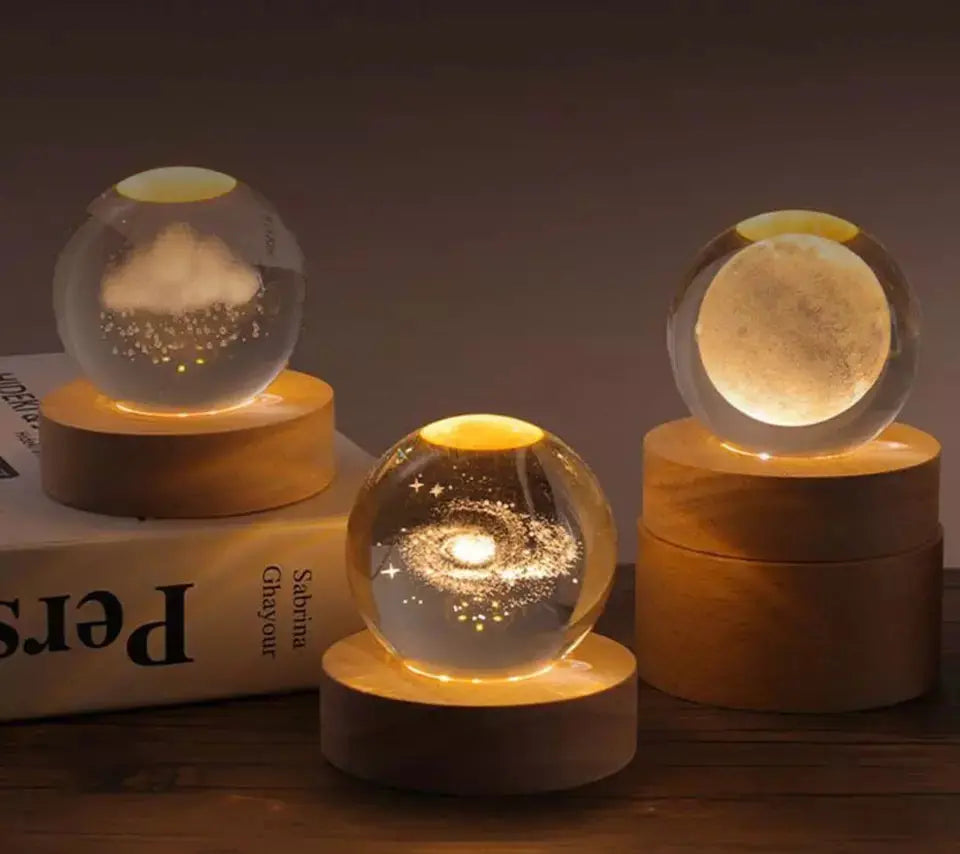 3D Galaxy Solar System Crystal Ball Night Light with Wooden Base for Boys and Girls (Random Designs) Gadget Xpres