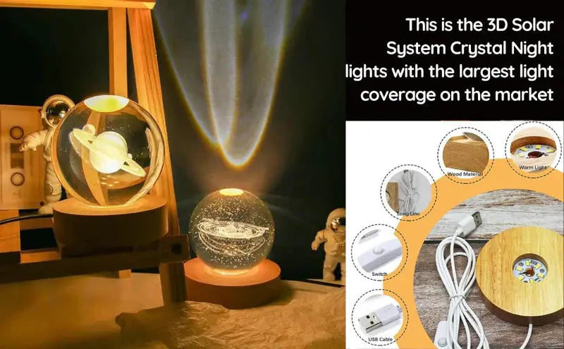 3D Galaxy Solar System Crystal Ball Night Light with Wooden Base for Boys and Girls (Random Designs) Gadget Xpres