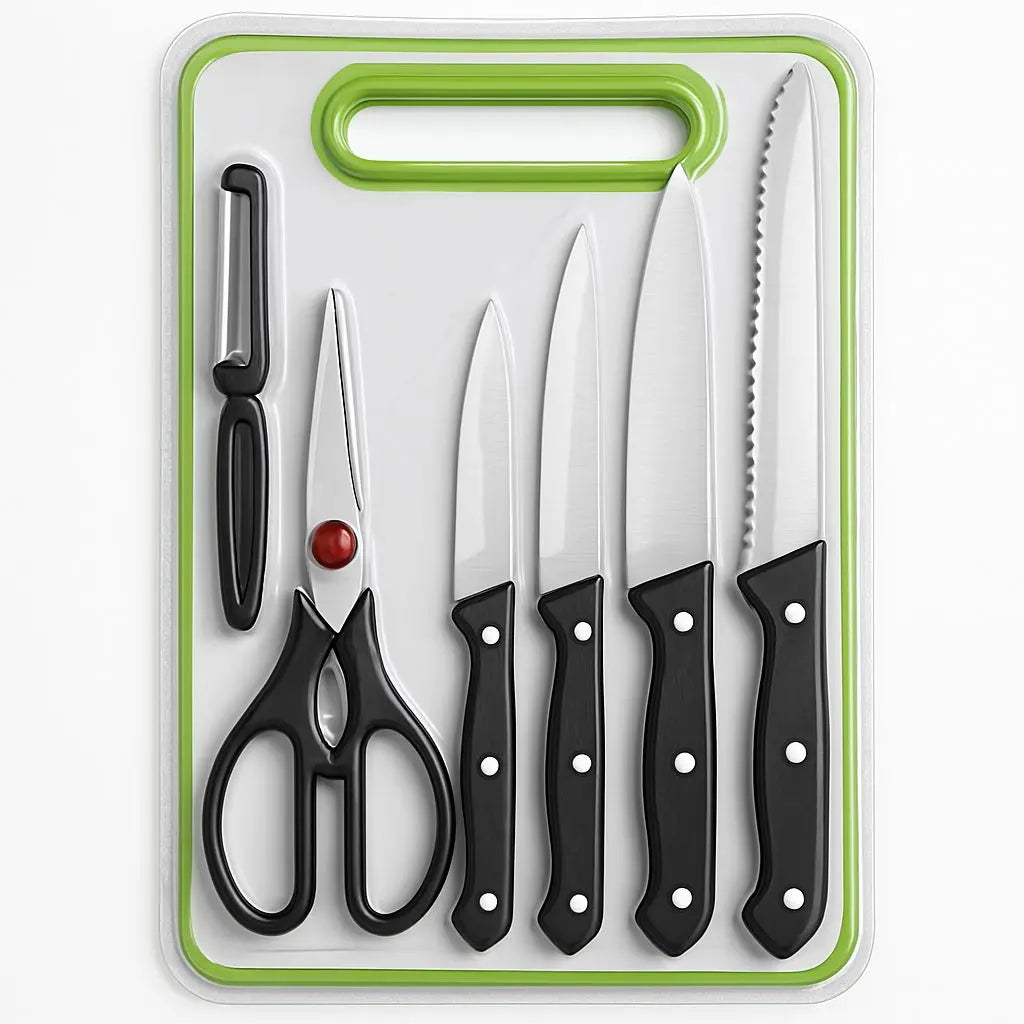 6 in 1 Stainless Steel Kitchen Knives Set with Board | For Meat, Bread, Fruits & Vegetables Gadget Xpres