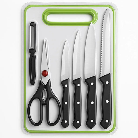 6 in 1 Stainless Steel Kitchen Knives Set with Board | For Meat, Bread, Fruits & Vegetables Gadget Xpres