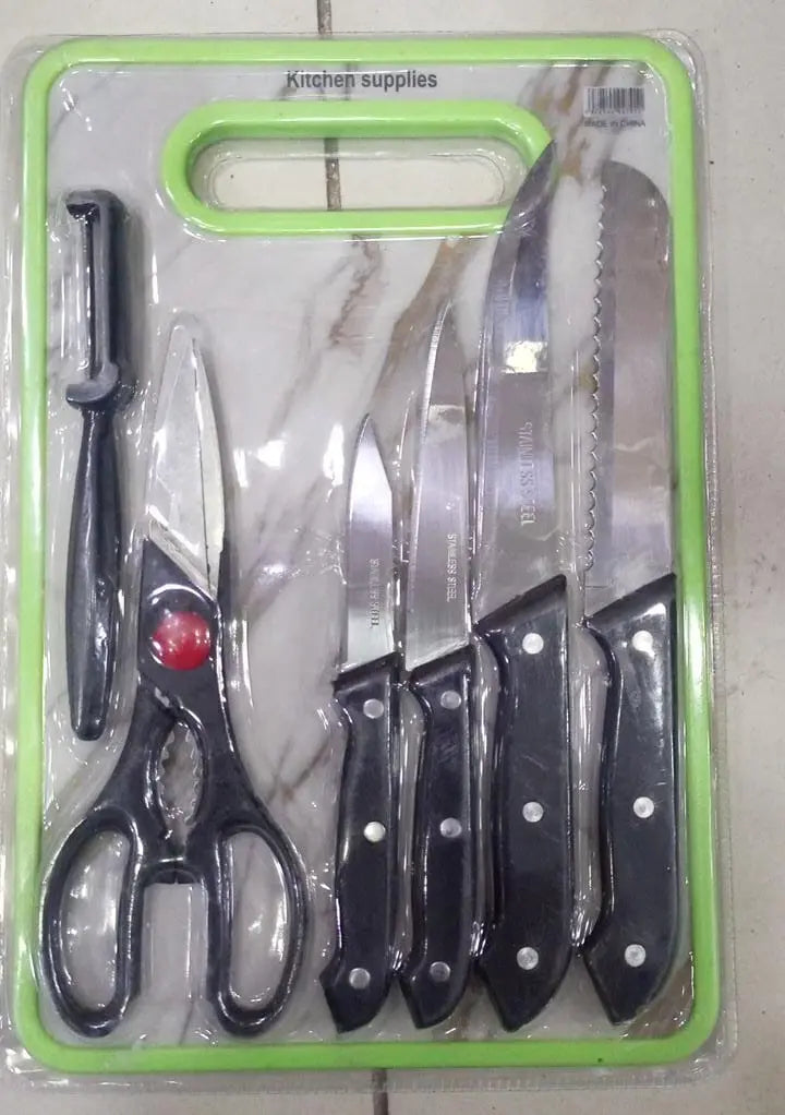 6 in 1 Stainless Steel Kitchen Knives Set with Board | For Meat, Bread, Fruits & Vegetables Gadget Xpres