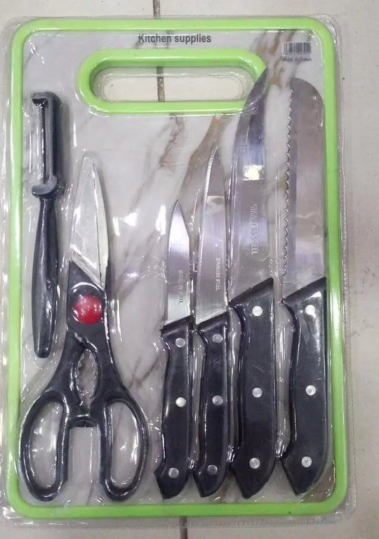 6 in 1 Stainless Steel Kitchen Knives Set with Board | For Meat, Bread, Fruits & Vegetables Gadget Xpres
