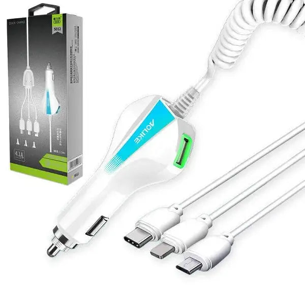 Aolike 5012 Car Phone Charger – 3-in-1 Fast USB Car Charger for iPhone, Samsung, Android – Universal Car Charger Adapter Gadget Xpres