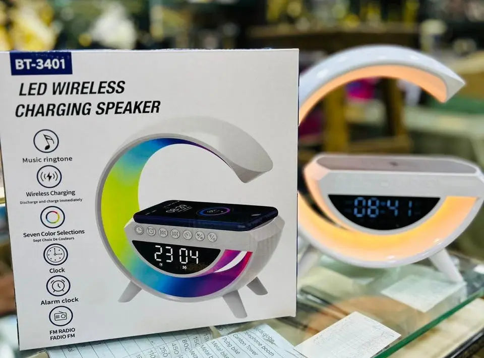 BT-3401 LED Wireless Charging Speaker – G Lamp with Alarm Clock, Bluetooth MP3, Night Light – Best Multi-Functional Speaker in Pakistan Gadget Xpres