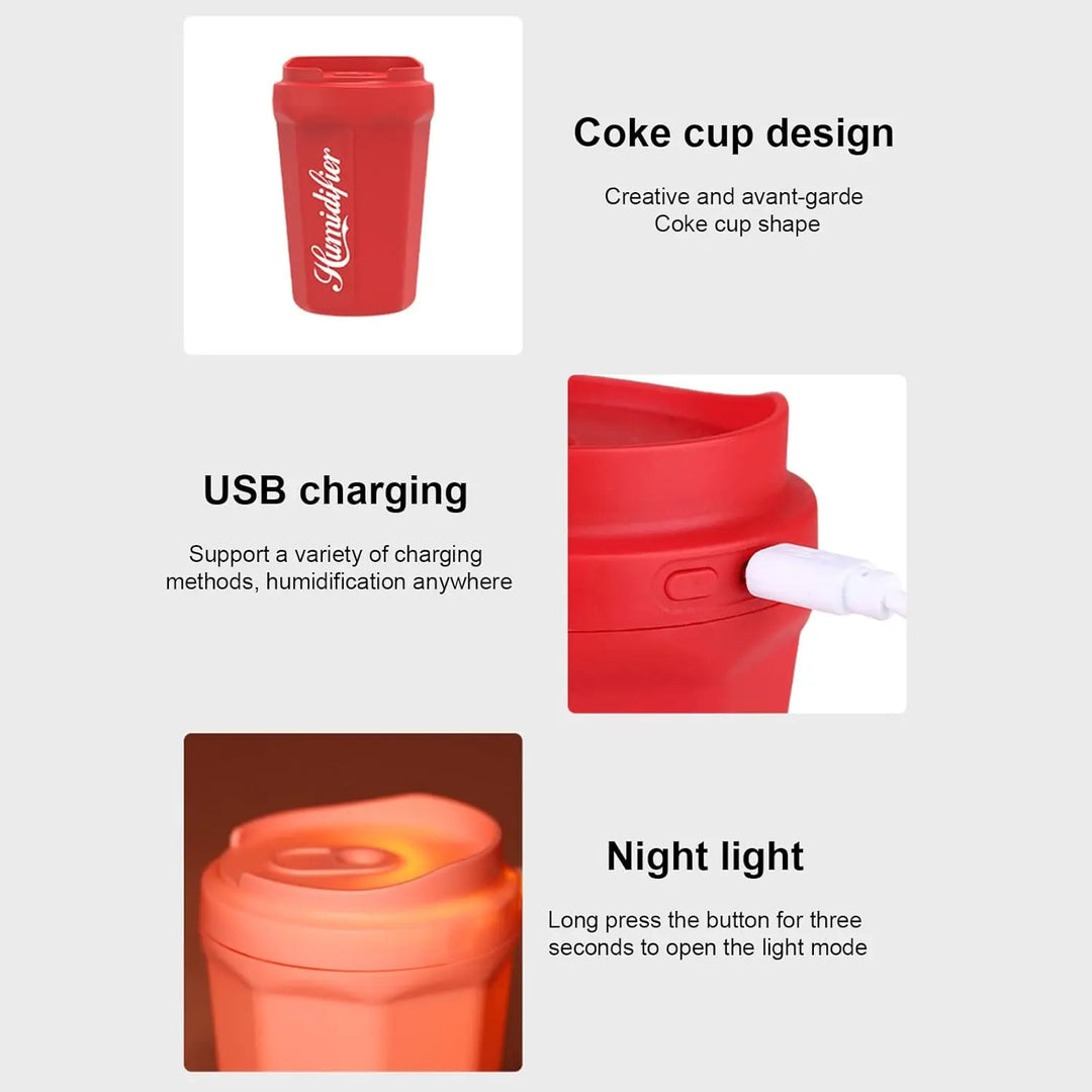 "Coke Cup Humidifier – USB Aroma Diffuser, Cool Mist for Car & Home, Mini Air Humidifier for Bedroom, Study – Summer Flame Design (Random Color)" Gadget Xpres