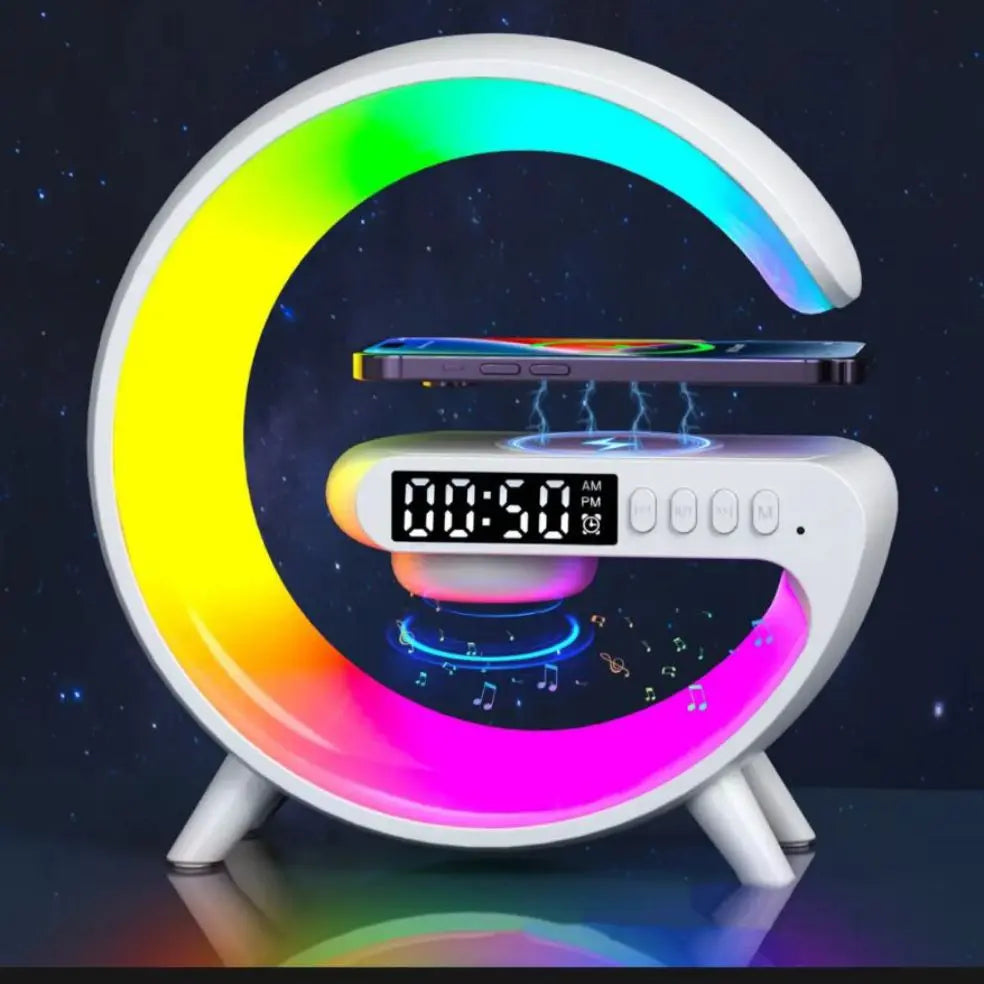 G11 G-Shape Bluetooth Speaker – Multifunctional LED Lamp, Wireless Charging, Alarm Clock, FM Radio, Memory Card Support – Portable & Stylish Gadget Xpres