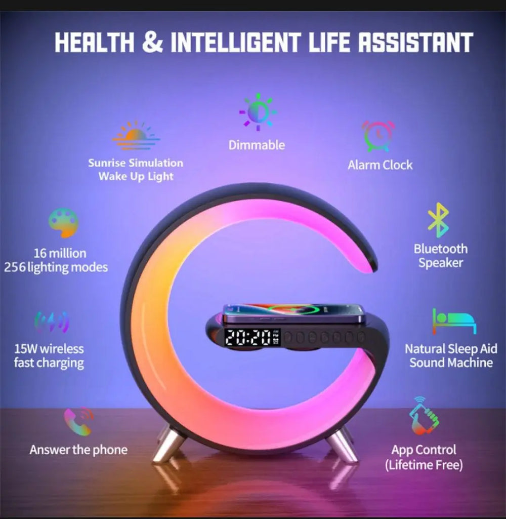 G11 G-Shape Bluetooth Speaker – Multifunctional LED Lamp, Wireless Charging, Alarm Clock, FM Radio, Memory Card Support – Portable & Stylish Gadget Xpres