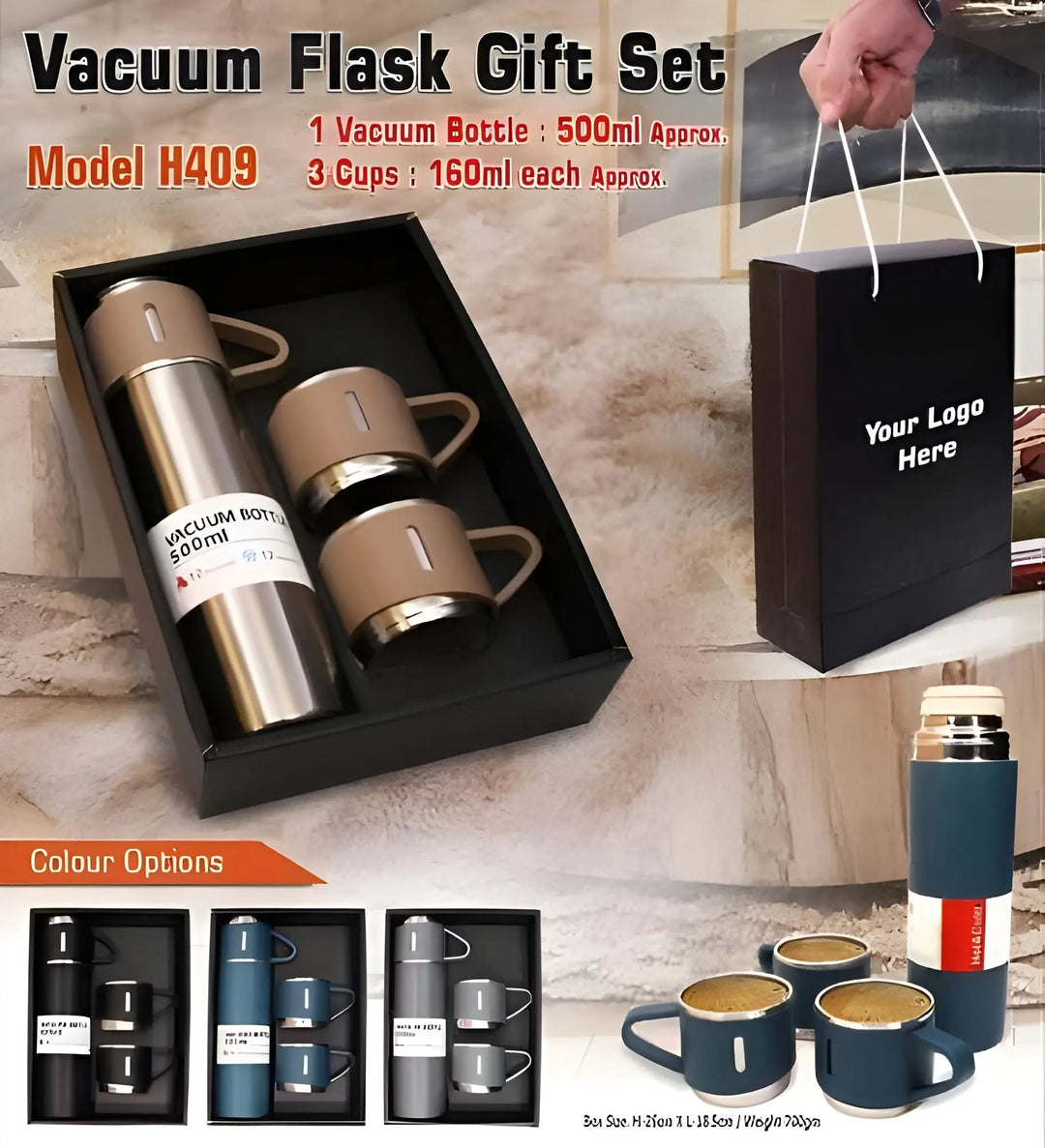 H-409 Vacuum Flask Gift Set - 500ml Thermos with 3 Stainless Steel Cups | Hot & Cold | Travel Mug Combo | Best for Office, Home, School - Pakistan Gift Set (Random Color) Gadget Xpres