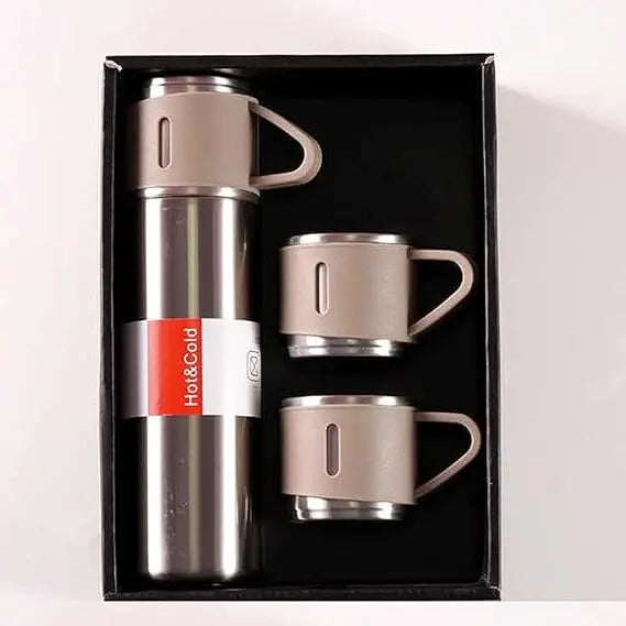 H-409 Vacuum Flask Gift Set - 500ml Thermos with 3 Stainless Steel Cups | Hot & Cold | Travel Mug Combo | Best for Office, Home, School - Pakistan Gift Set (Random Color) Gadget Xpres