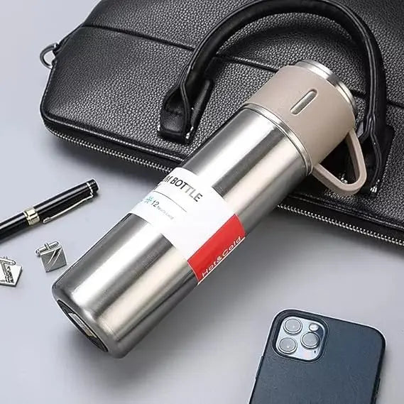 H-409 Vacuum Flask Gift Set - 500ml Thermos with 3 Stainless Steel Cups | Hot & Cold | Travel Mug Combo | Best for Office, Home, School - Pakistan Gift Set (Random Color) Gadget Xpres