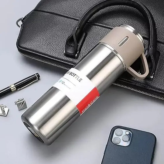 H-409 Vacuum Flask Gift Set - 500ml Thermos with 3 Stainless Steel Cups | Hot & Cold | Travel Mug Combo | Best for Office, Home, School - Pakistan Gift Set (Random Color) Gadget Xpres