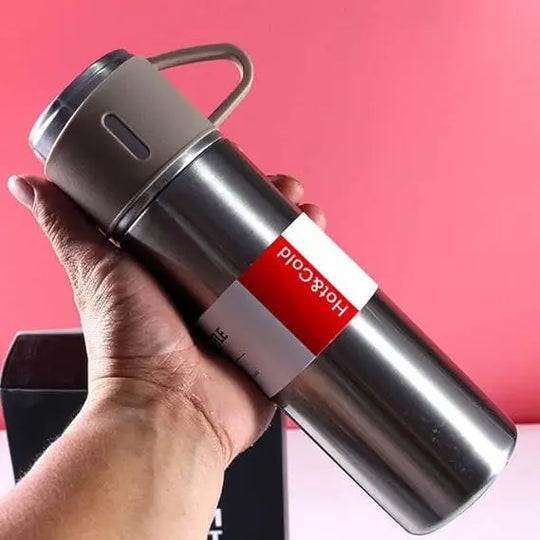 H-409 Vacuum Flask Gift Set - 500ml Thermos with 3 Stainless Steel Cups | Hot & Cold | Travel Mug Combo | Best for Office, Home, School - Pakistan Gift Set (Random Color) Gadget Xpres
