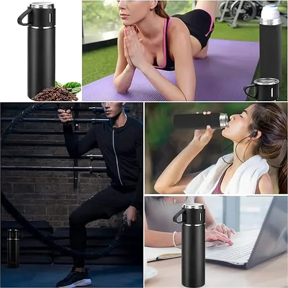 H-409 Vacuum Flask Gift Set - 500ml Thermos with 3 Stainless Steel Cups | Hot & Cold | Travel Mug Combo | Best for Office, Home, School - Pakistan Gift Set (Random Color) Gadget Xpres