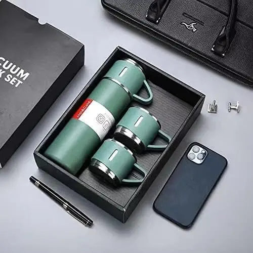 H-409 Vacuum Flask Gift Set - 500ml Thermos with 3 Stainless Steel Cups | Hot & Cold | Travel Mug Combo | Best for Office, Home, School - Pakistan Gift Set (Random Color) Gadget Xpres
