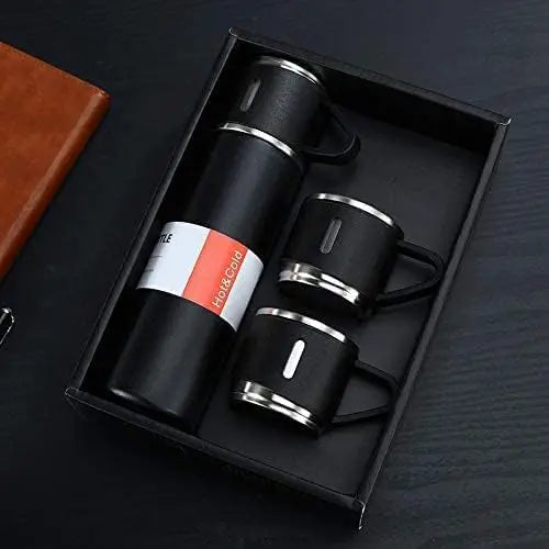 H-409 Vacuum Flask Gift Set - 500ml Thermos with 3 Stainless Steel Cups | Hot & Cold | Travel Mug Combo | Best for Office, Home, School - Pakistan Gift Set (Random Color) Gadget Xpres