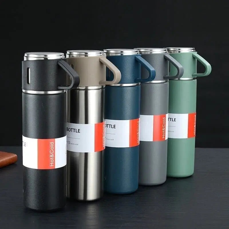 H-409 Vacuum Flask Gift Set - 500ml Thermos with 3 Stainless Steel Cups | Hot & Cold | Travel Mug Combo | Best for Office, Home, School - Pakistan Gift Set (Random Color) Gadget Xpres