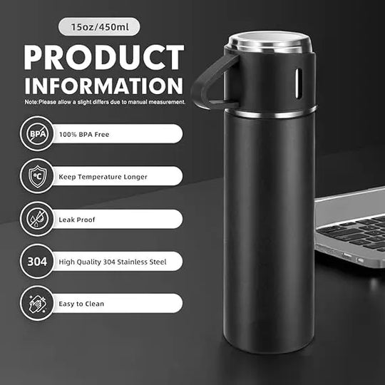 H-409 Vacuum Flask Gift Set - 500ml Thermos with 3 Stainless Steel Cups | Hot & Cold | Travel Mug Combo | Best for Office, Home, School - Pakistan Gift Set (Random Color) Gadget Xpres