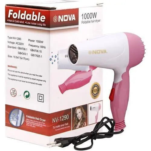 Nova Foldable Hair Dryer 1000W – Hot Flow Compact Hair Dryer for Women & Men | Smooth & Shiny Hair Styling Tool | Travel-Friendly | Random Color | Pakistan Gadget Xpres