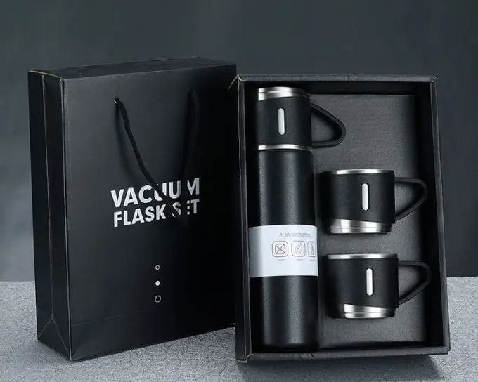 Premium Stainless Steel Vacuum Flask Set 500ml with 2 Cups – Insulated Thermos for Hot & Cold Drinks – Family & Travel Use (Random Color) Gadget Xpres