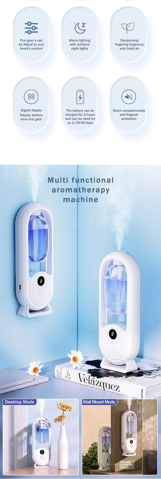 Rechargeable 5-Mode Aromatic Diffuser - 50ml Essential Oil Air Freshener for Home, Car, Bedroom Gadget Xpres