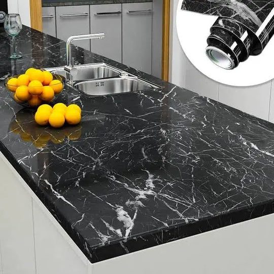Self Adhesive Black Marble Sheet for Kitchen – Waterproof, Heat & Oil Resistant Wallpaper for Cabinets, Walls, Counters – Easy Peel & Stick – Pakistan Home Decor Gadget Xpres