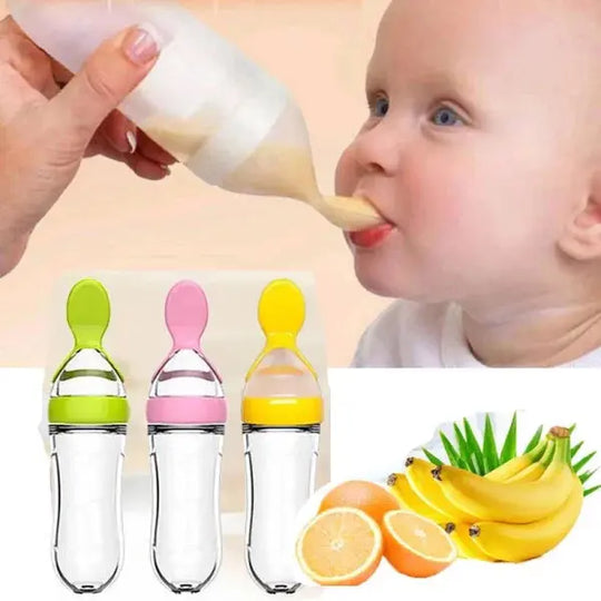 Silicone Baby Spoon Feeder with Bottle | Reusable Food Feeder | Teething Mitten for Infants | BPA Free | Random Color Gadget Xpres