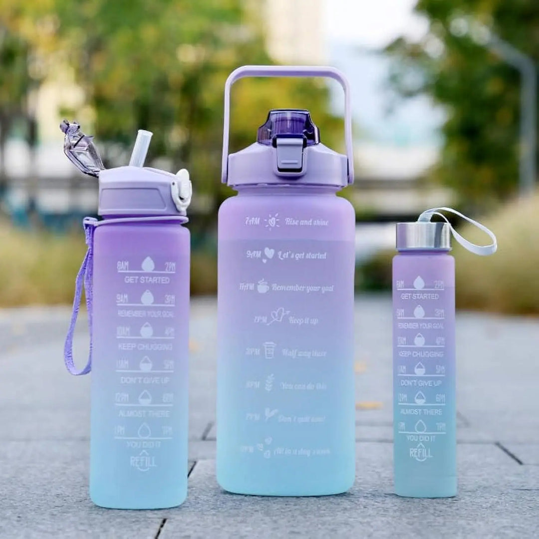 Sports Water Bottles 3 Pcs Set – Motivational Time Marker, Leak-Proof Flip Top Lid (Random Colors) – BPA-Free, Durable Gym Bottle for Men & Women Gadget Xpres
