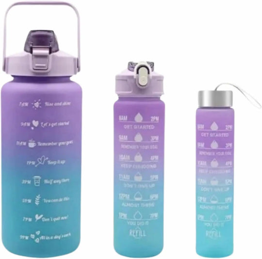 Sports Water Bottles 3 Pcs Set – Motivational Time Marker, Leak-Proof Flip Top Lid (Random Colors) – BPA-Free, Durable Gym Bottle for Men & Women Gadget Xpres
