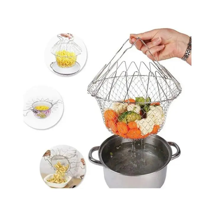 Stainless Steel Foldable Chef Basket – Multi-Functional Colander, Strainer & Deep Fryer for Kitchen – Durable & Safe Cooking Tool (Gadget Xpres) Gadget Xpres
