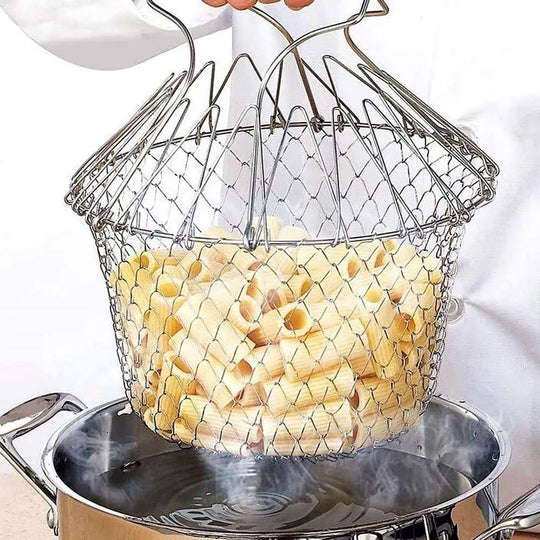 Stainless Steel Foldable Chef Basket – Multi-Functional Colander, Strainer & Deep Fryer for Kitchen – Durable & Safe Cooking Tool (Gadget Xpres) Gadget Xpres