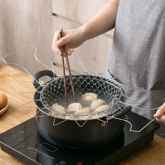 Stainless Steel Foldable Chef Basket – Multi-Functional Colander, Strainer & Deep Fryer for Kitchen – Durable & Safe Cooking Tool (Gadget Xpres) Gadget Xpres