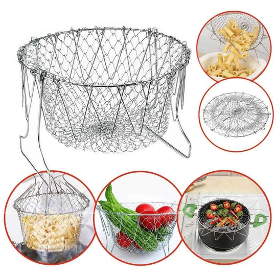 Stainless Steel Foldable Chef Basket – Multi-Functional Colander, Strainer & Deep Fryer for Kitchen – Durable & Safe Cooking Tool (Gadget Xpres) Gadget Xpres