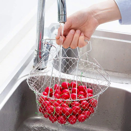 Stainless Steel Foldable Chef Basket – Multi-Functional Colander, Strainer & Deep Fryer for Kitchen – Durable & Safe Cooking Tool (Gadget Xpres) Gadget Xpres
