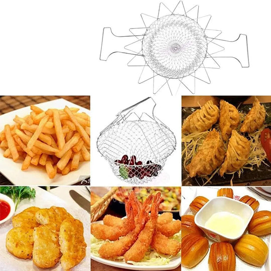 Stainless Steel Foldable Chef Basket – Multi-Functional Colander, Strainer & Deep Fryer for Kitchen – Durable & Safe Cooking Tool (Gadget Xpres) Gadget Xpres