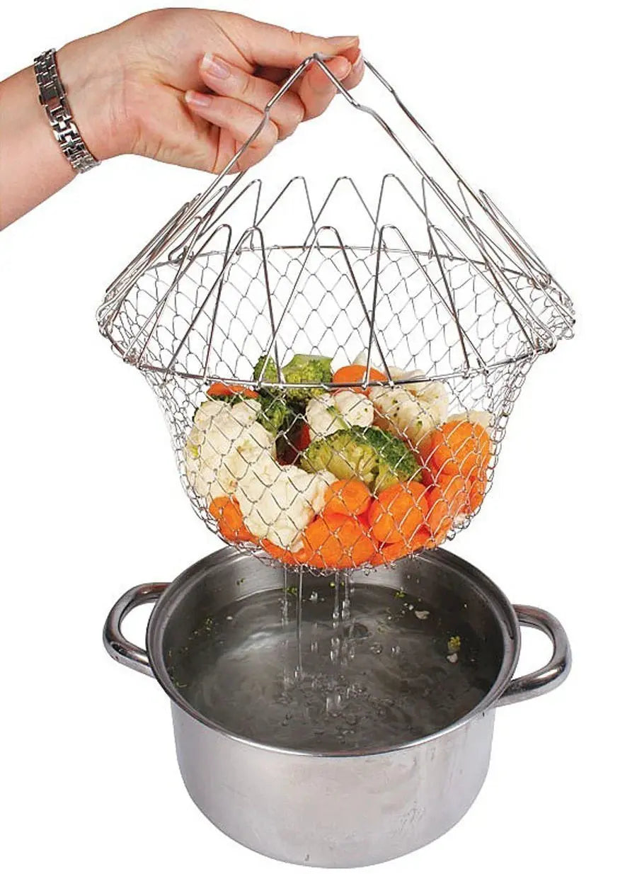 Stainless Steel Foldable Chef Basket – Multi-Functional Colander, Strainer & Deep Fryer for Kitchen – Durable & Safe Cooking Tool (Gadget Xpres) Gadget Xpres