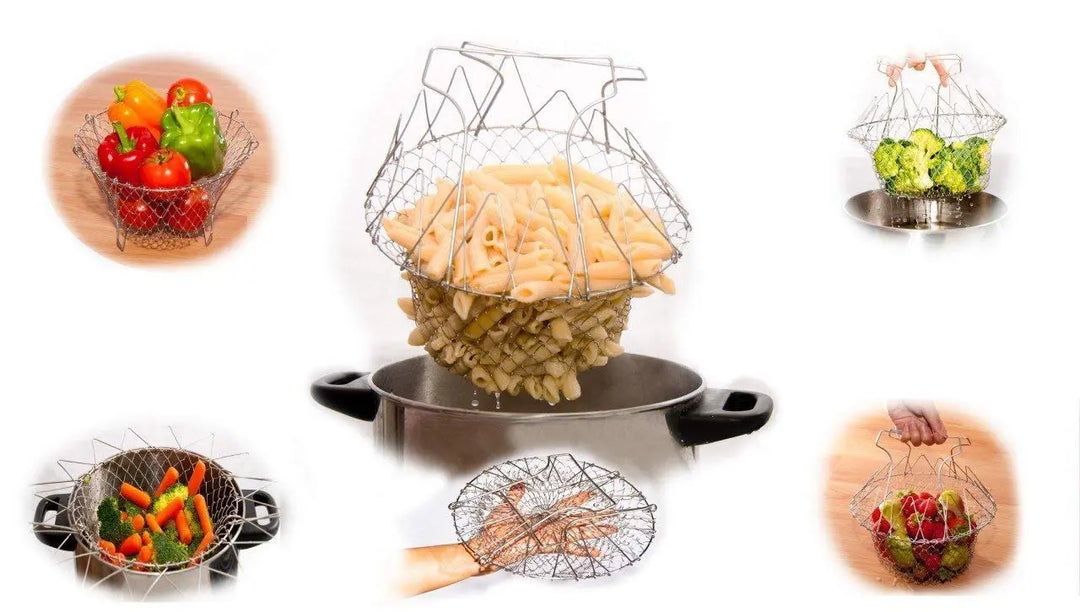 Stainless Steel Foldable Chef Basket – Multi-Functional Colander, Strainer & Deep Fryer for Kitchen – Durable & Safe Cooking Tool (Gadget Xpres) Gadget Xpres