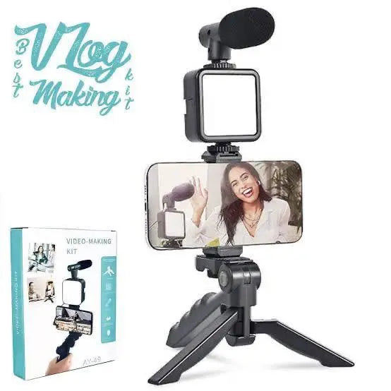 Video vlog making kit with remote Good qualityVideo Vlog Making Kit with Wireless Remote – Tripod, Mic, LED Light | Best for YouTube, TikTok, Reels & Mobile Vlogging in Pakistan Gadget Xpres